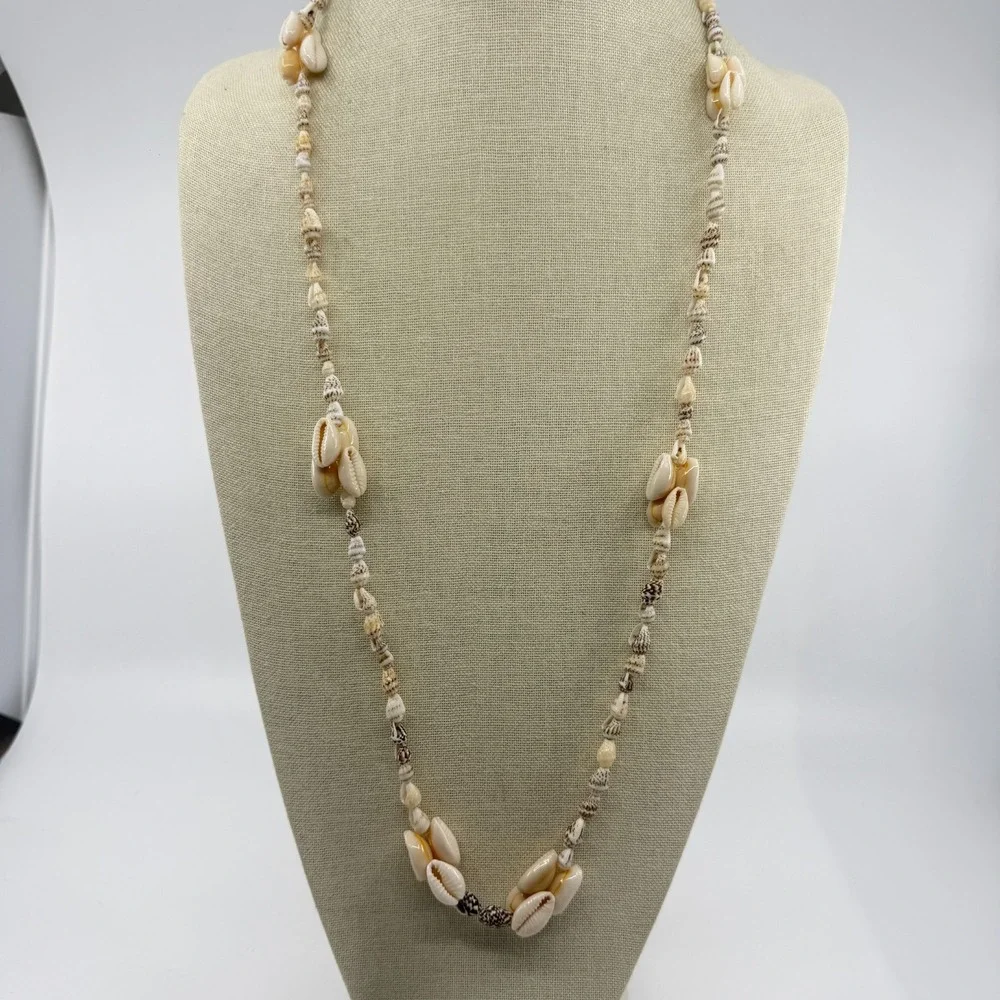 Cream Brown Cowrie Seashell Long Necklace Coastal Boho Beach Statement Gift